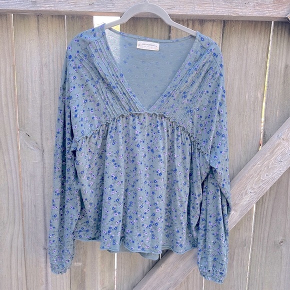 Lucky Brand Boho Floral Modal Blend VNeck Pleated Bubble Sleeve Oversized Blouse - Picture 1 of 9